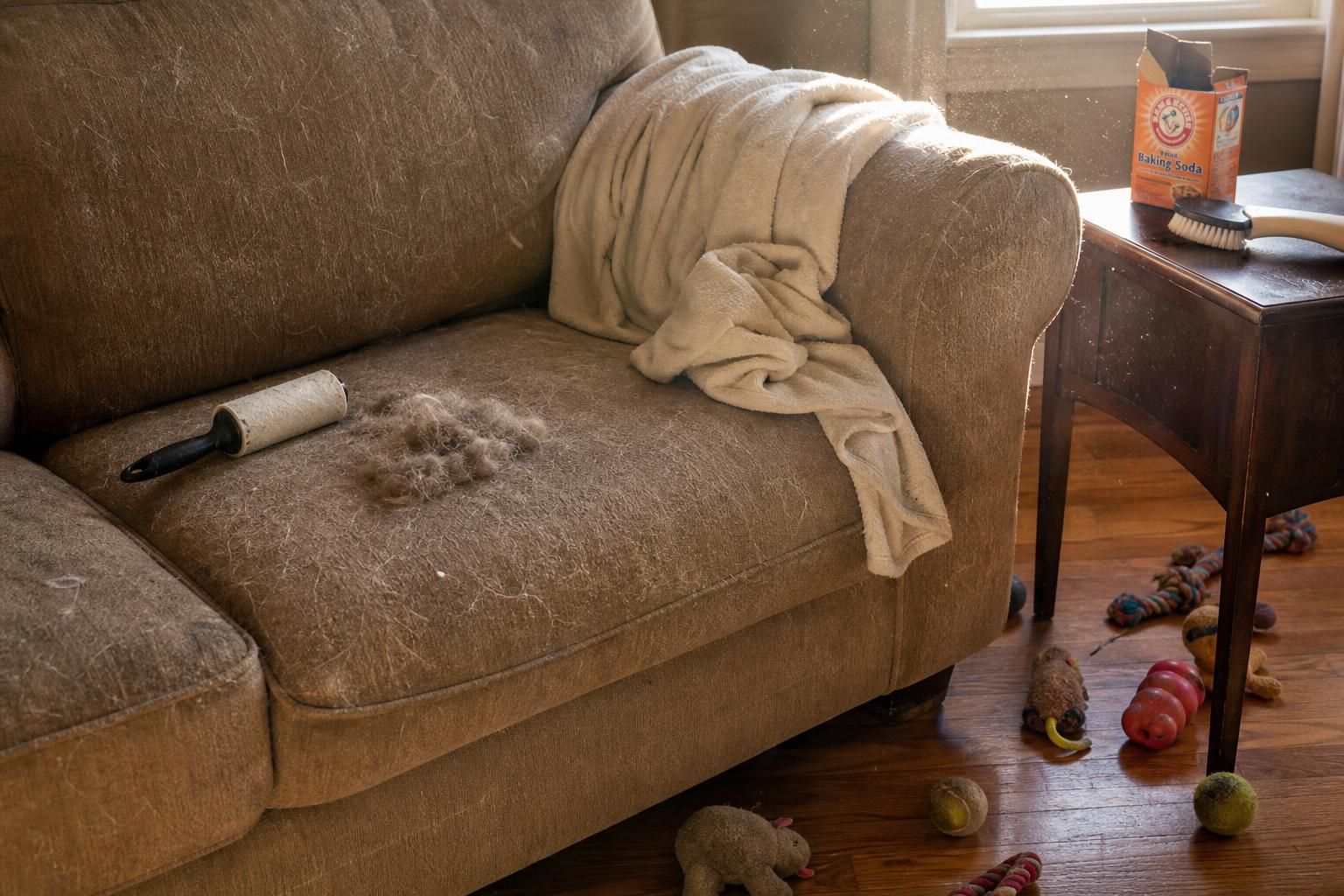 A cozy, well-used couch surrounded by pet toys and fur. A cozy, well-used couch surrounded by pet toys and fur.