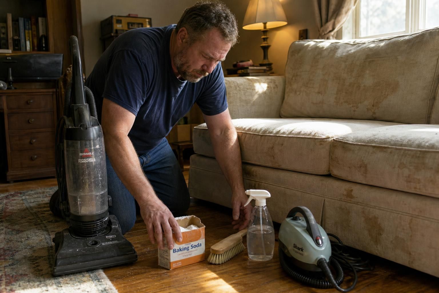 A man prepares cleaning supplies for upholstery restoration in a living room. A man prepares cleaning supplies for upholstery restoration in a living room.