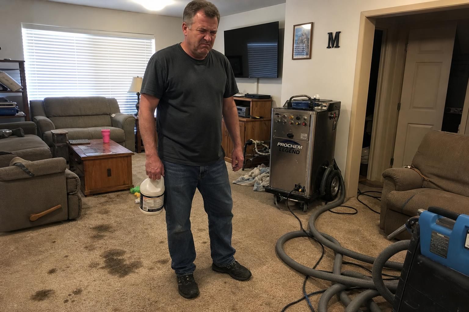 Frustrated man struggles with stubborn carpet stains despite cleaning efforts. Frustrated man struggles with stubborn carpet stains despite cleaning efforts.