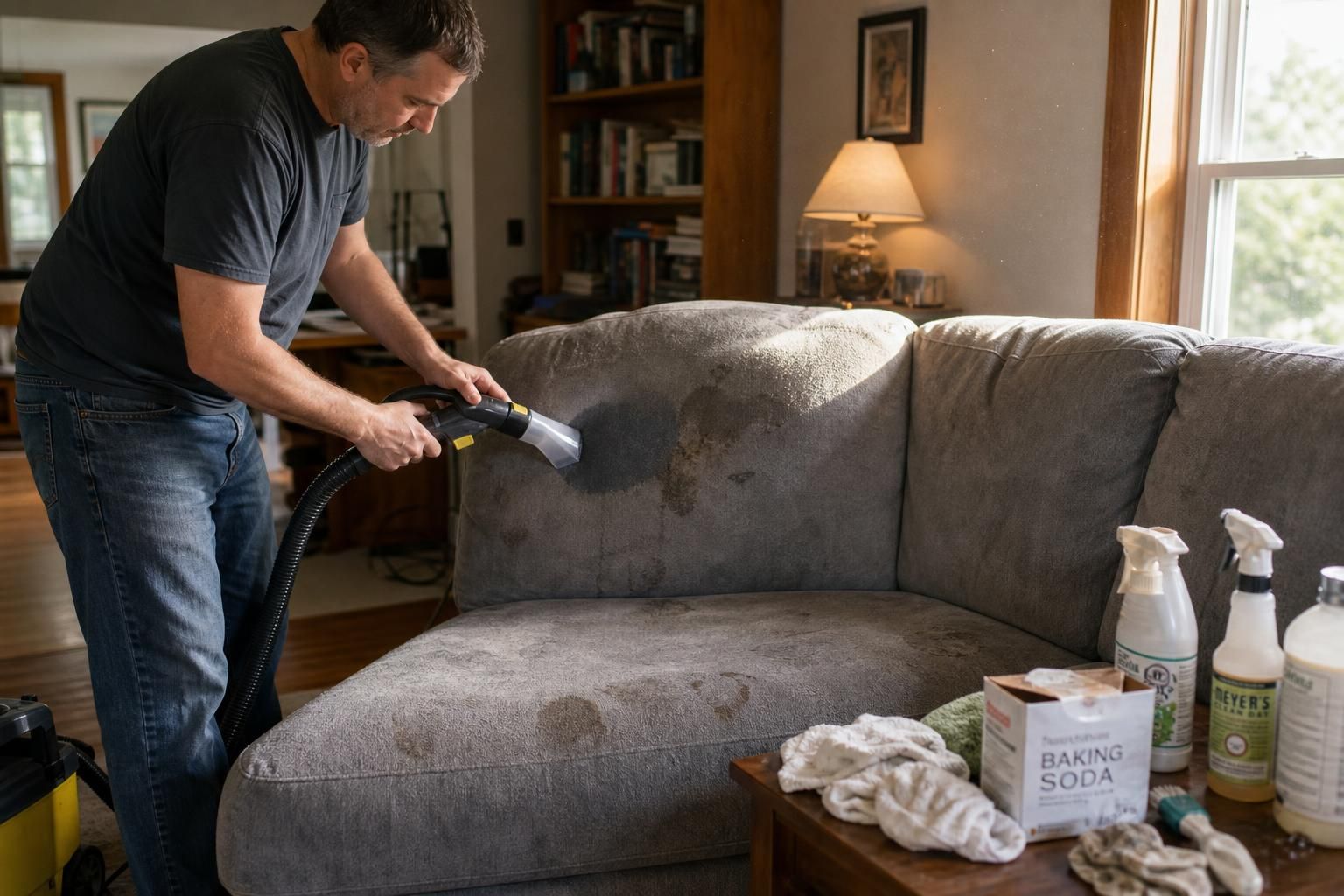 A man steam cleans a stained sectional couch in a cluttered living room. A man steam cleans a stained sectional couch in a cluttered living room.