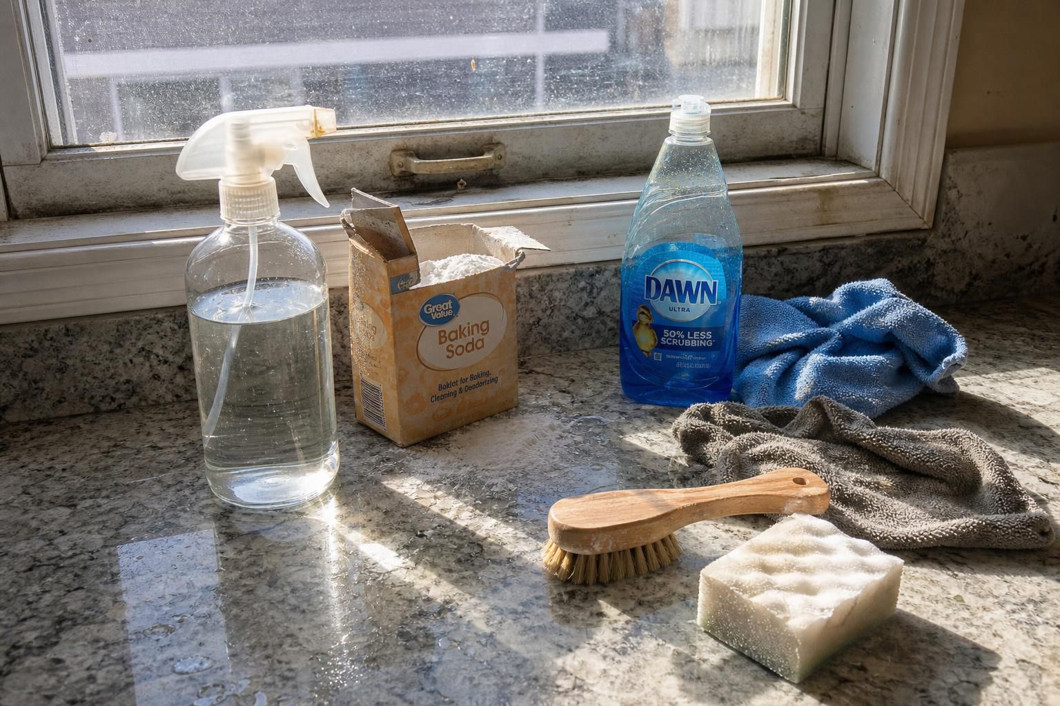 A sunlit kitchen counter displays cleaning supplies and grime.