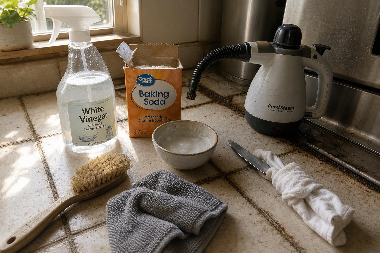 A kitchen countertop cluttered with cleaning supplies and grime.