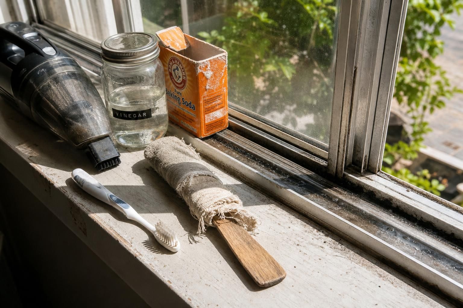 A kitchen window shows grime and cleaning supplies during a cleaning session.
