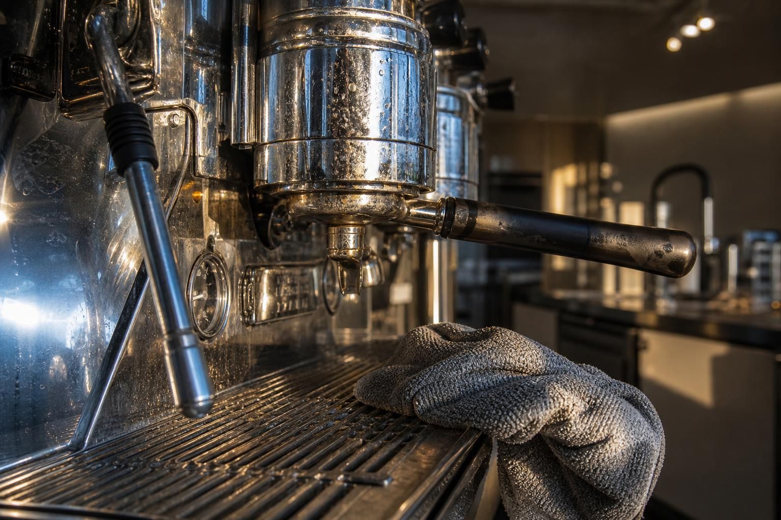Close-up of a chrome espresso machine's steam wand and group head.