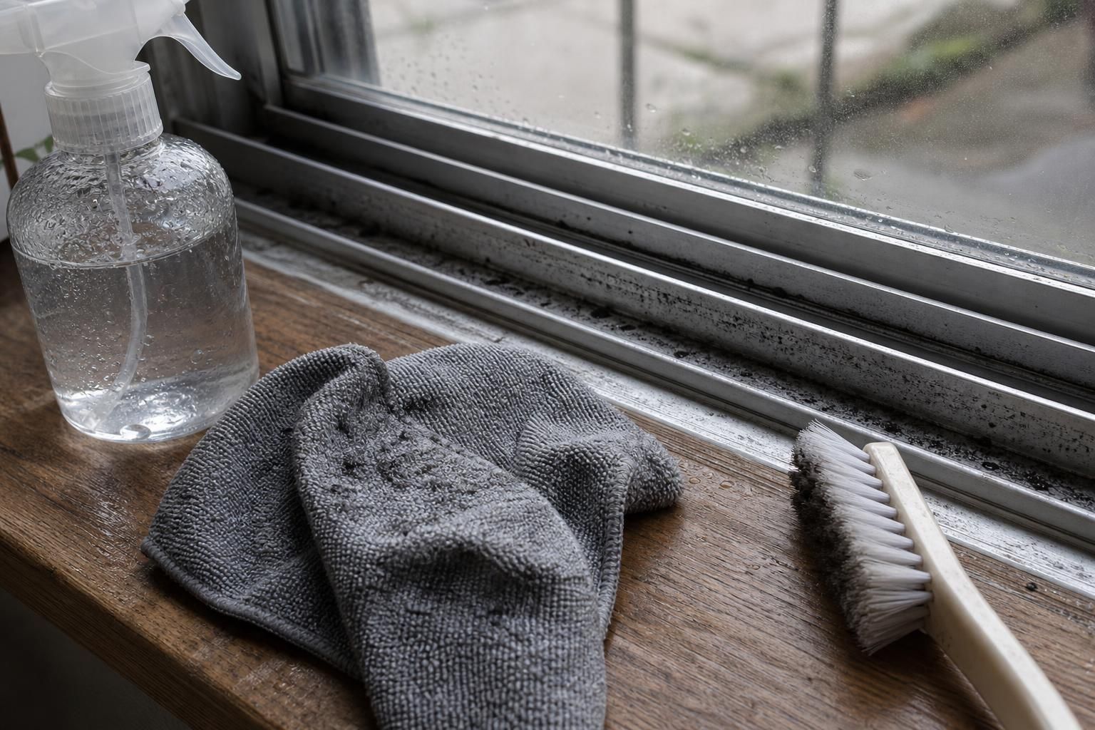 A damp microfiber cloth and cleaning supplies on a wooden windowsill.