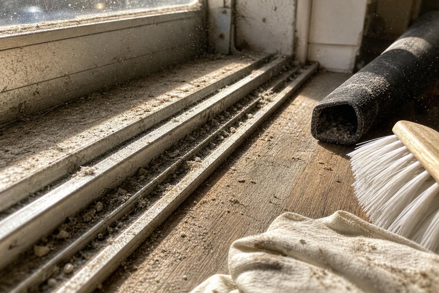 A neglected window track filled with dust and cleaning tools nearby.