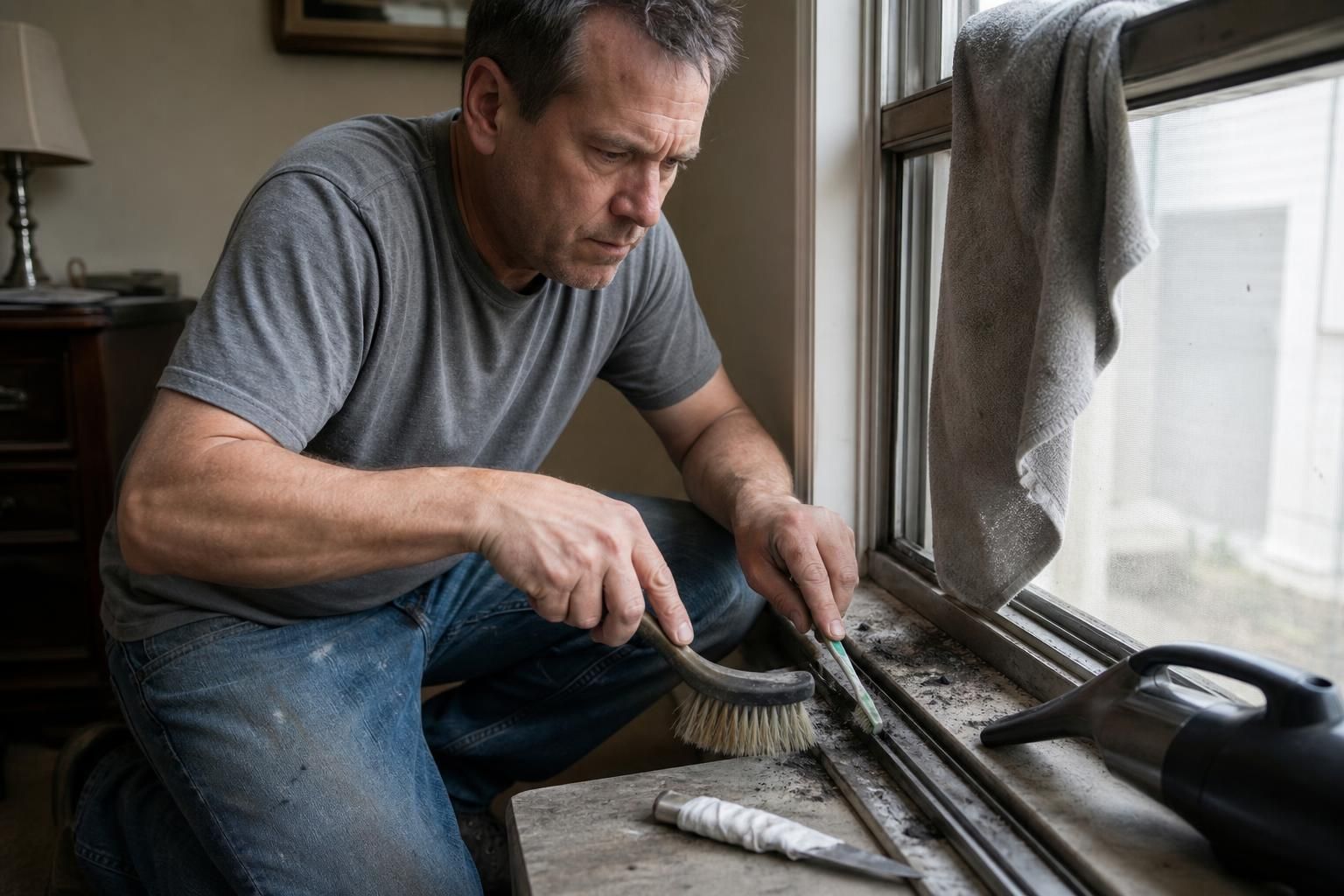 A man cleans grime from an aluminum window track using brushes.