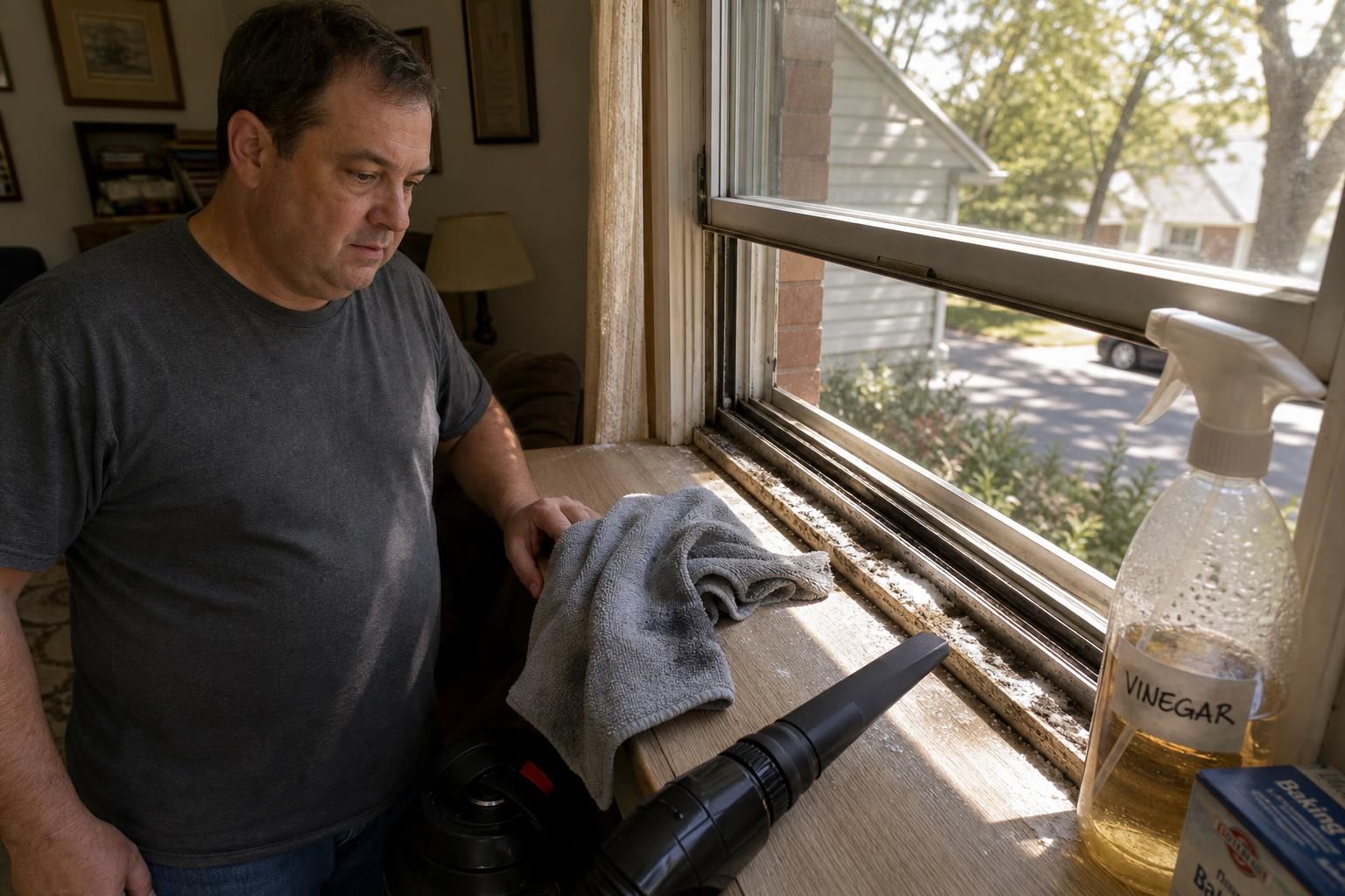 A man cleans a dusty window track in a modest living room.