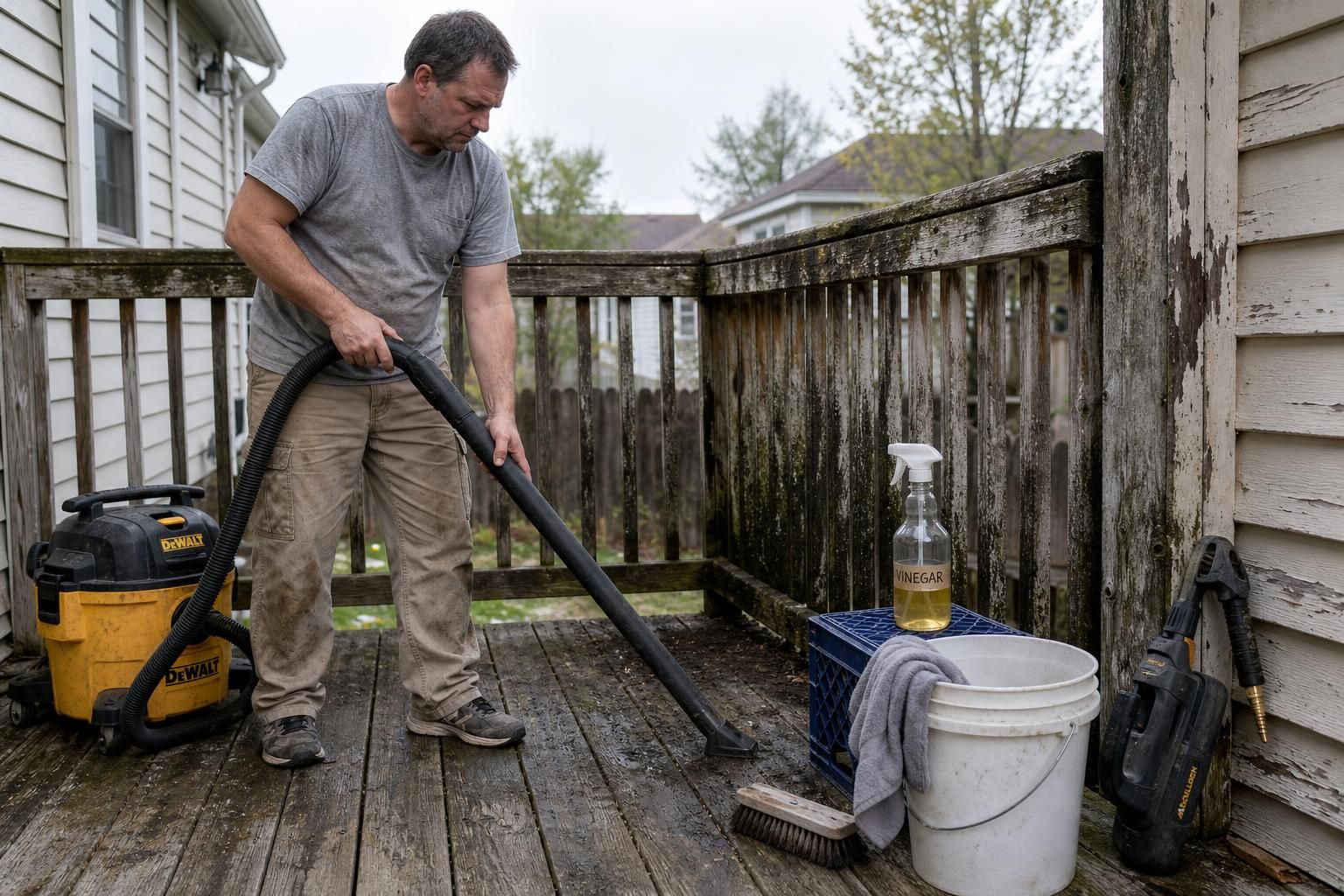 A middle-aged homeowner cleans his weathered deck with various tools.