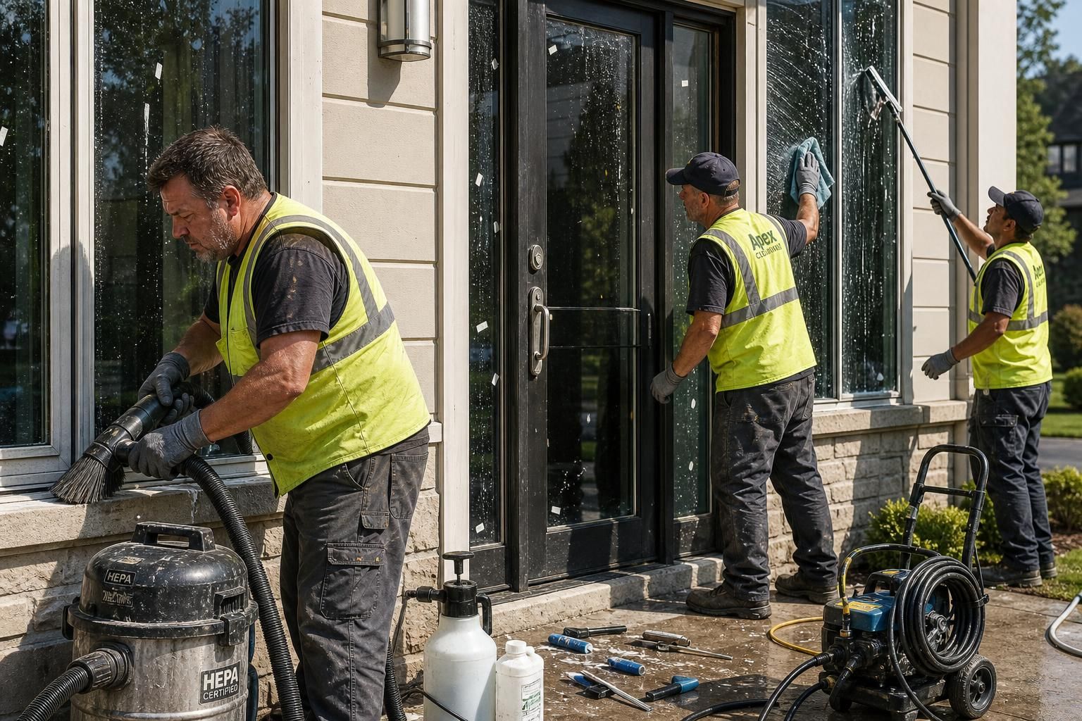 Three technicians clean residential windows and exterior surfaces.