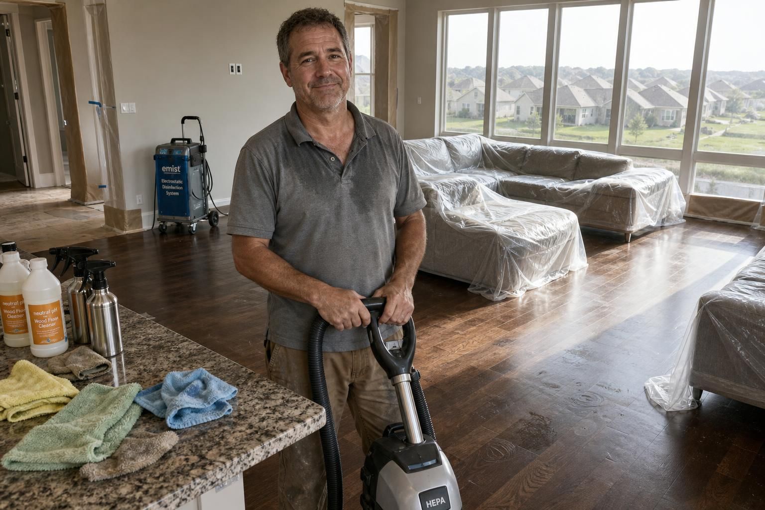A satisfied man holds a vacuum in a freshly constructed living room.