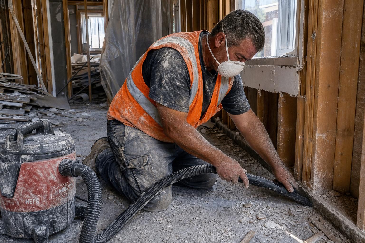Middle-aged construction worker vacuuming dust in a gutted residential interior.