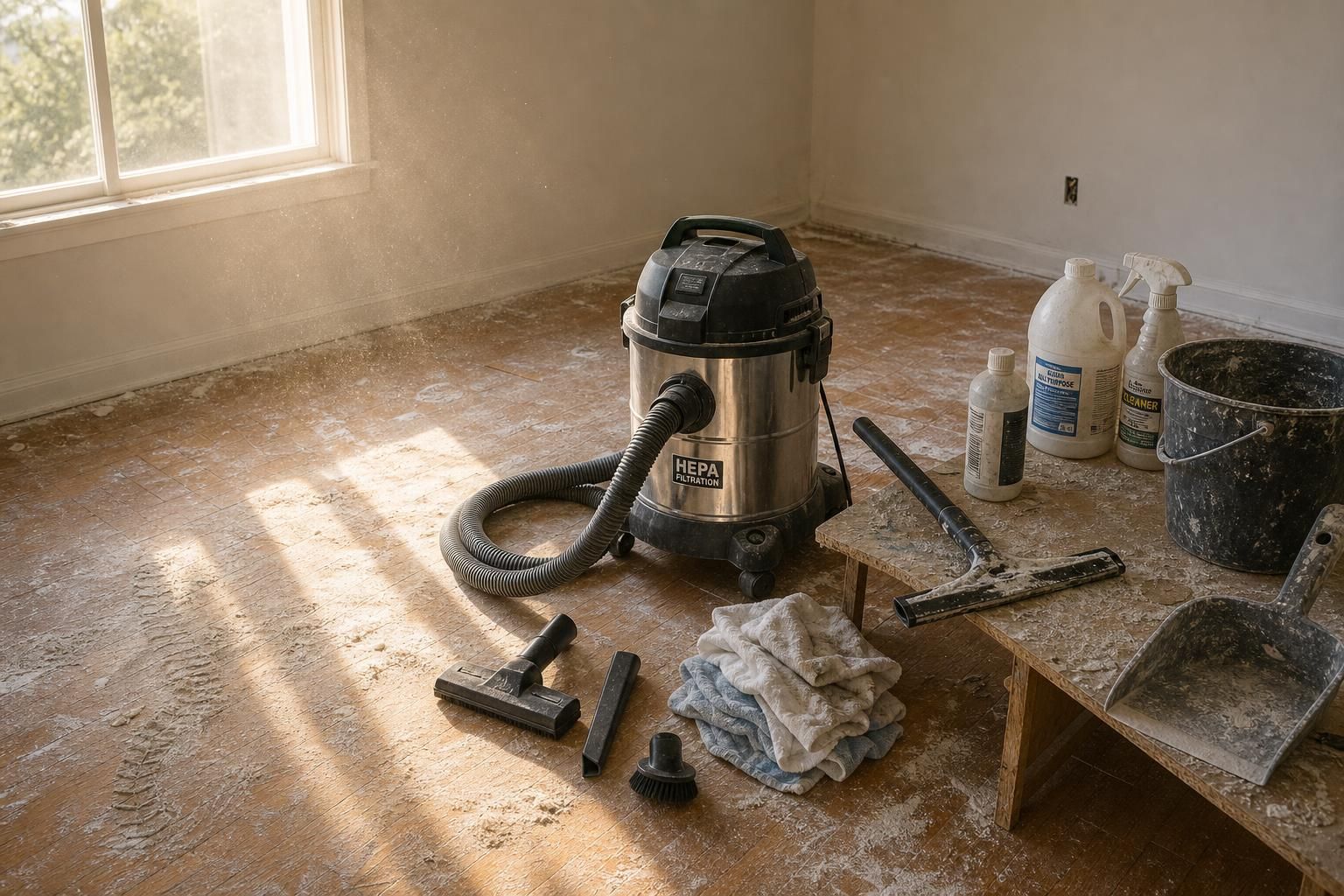 Vacant room post-construction, cluttered with cleaning supplies and dust.