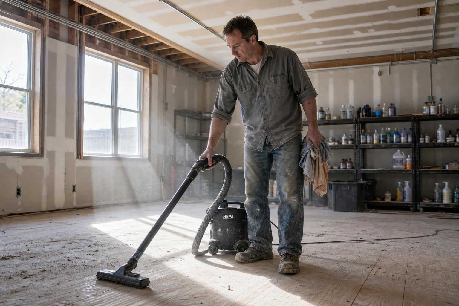 A focused man cleans debris in an unfinished construction space.