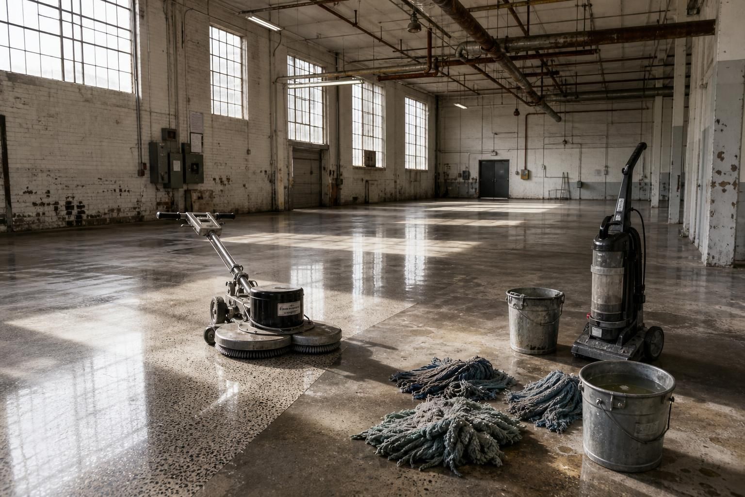 Abandoned warehouse interior mid-cleaning, showcasing contrasting polished and dirty floors.