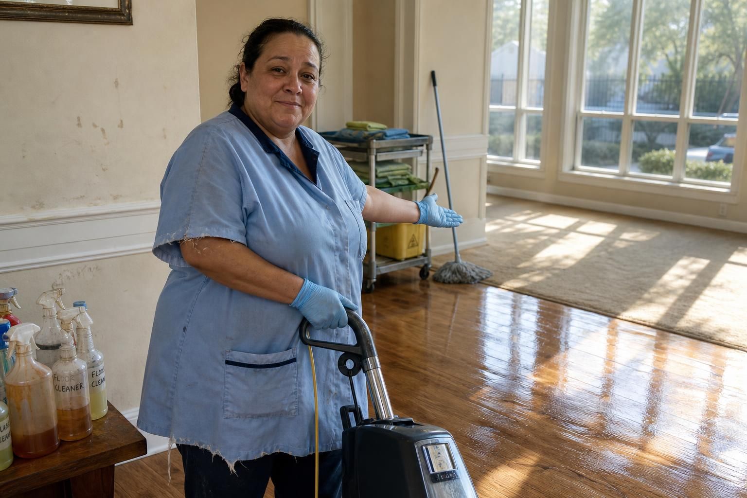 A middle-aged woman demonstrates pride in her cleaning efforts.