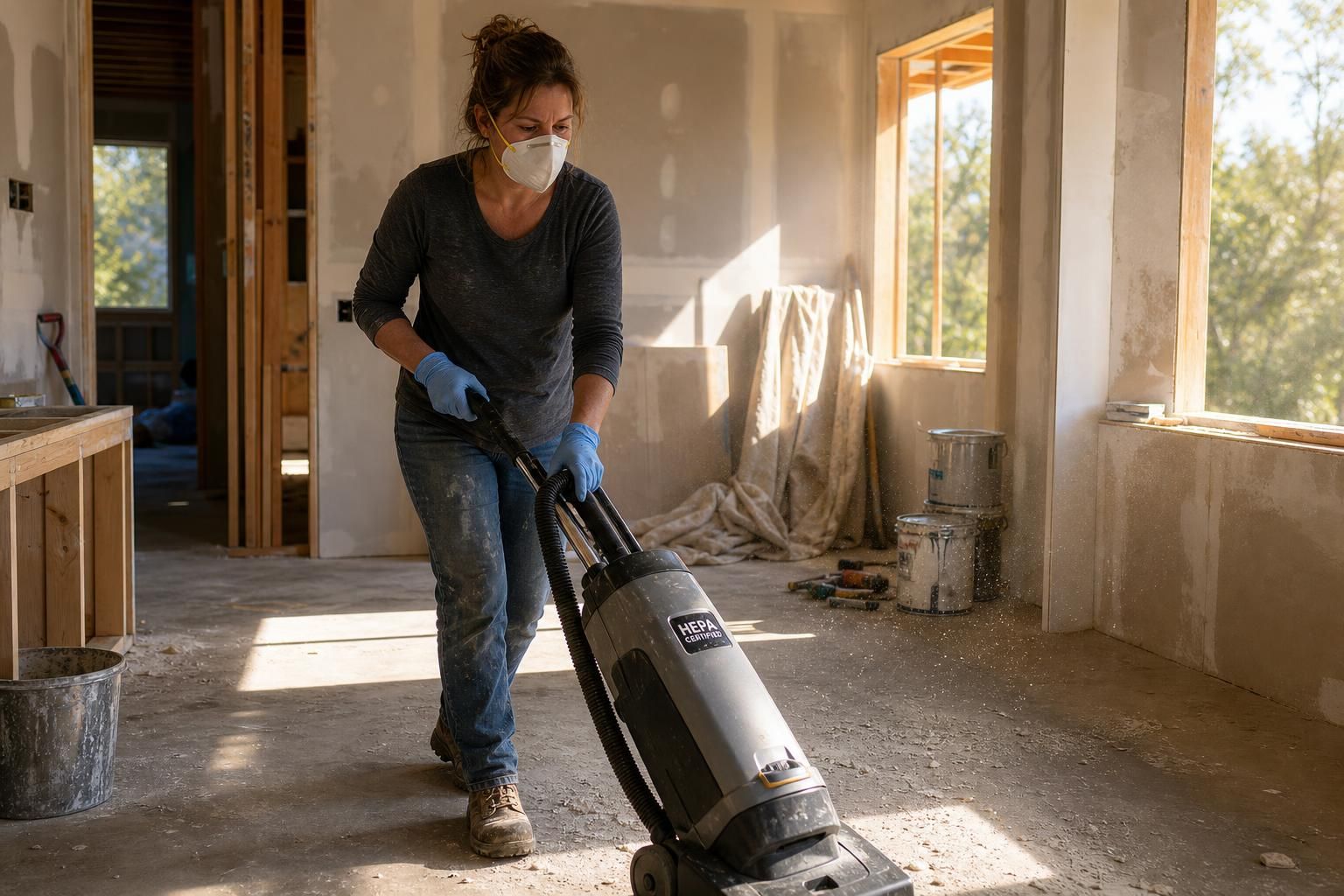 A woman in a mask cleans a mid-construction kitchen.