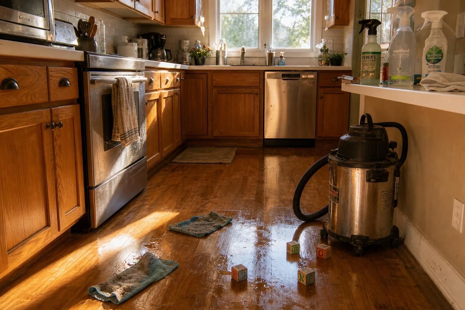 A lived-in kitchen showing warmth and traces of recent cleaning.