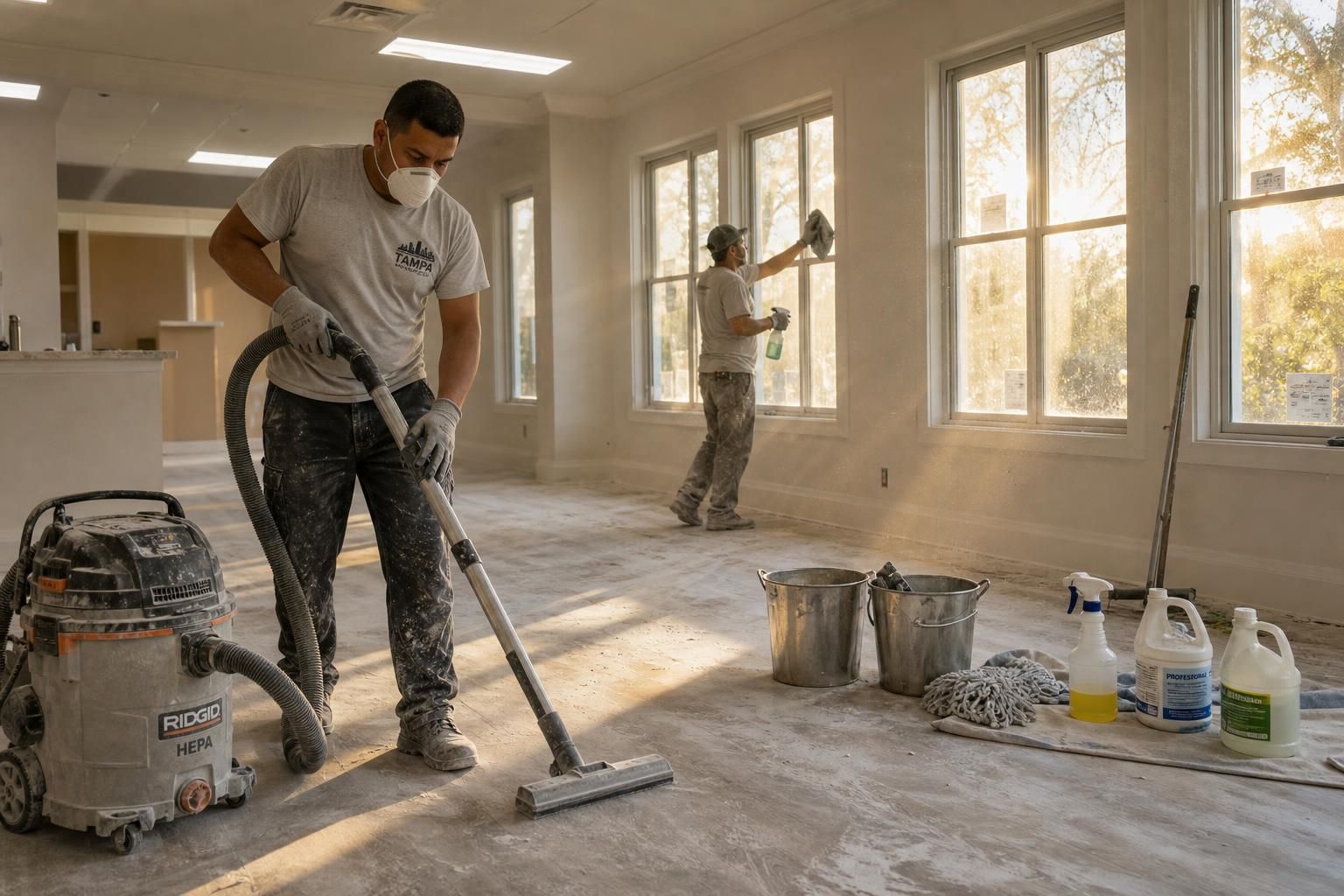 Workers clean a newly constructed home covered in drywall dust.