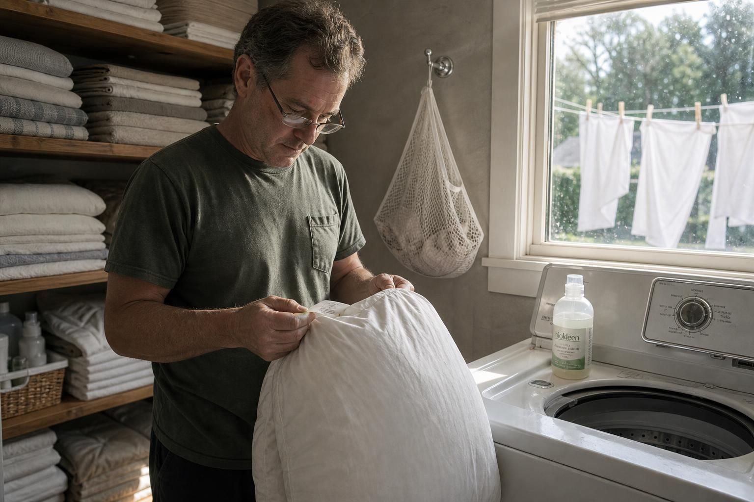 A homeowner inspects a down pillow in a tidy laundry room.