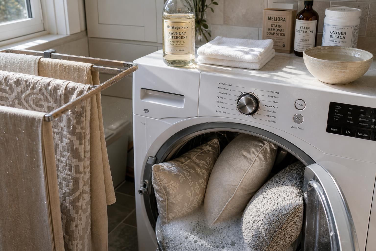 A laundry room with delicate pillows being hand-washed.