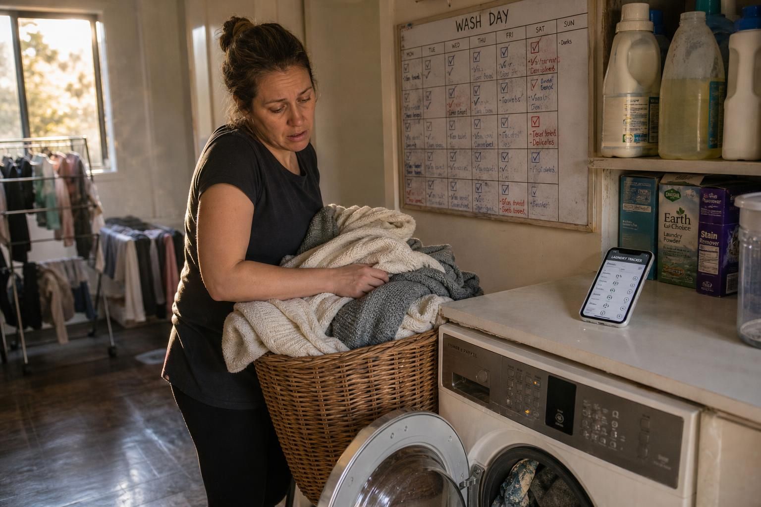 A tired parent manages laundry in a cozy, lived-in laundry room.