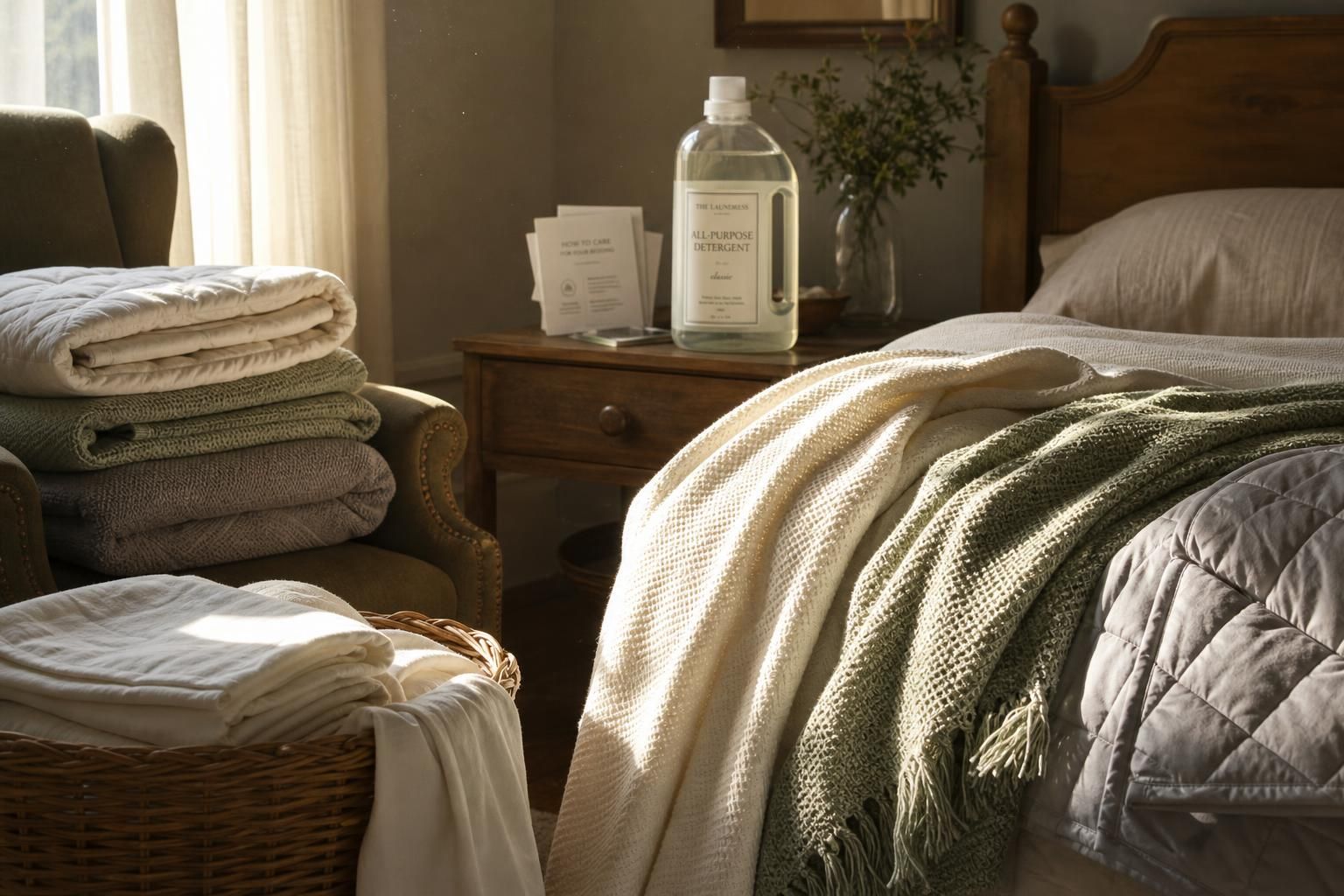 A sunlit bedroom showcases freshly laundered textiles and organized furnishings.