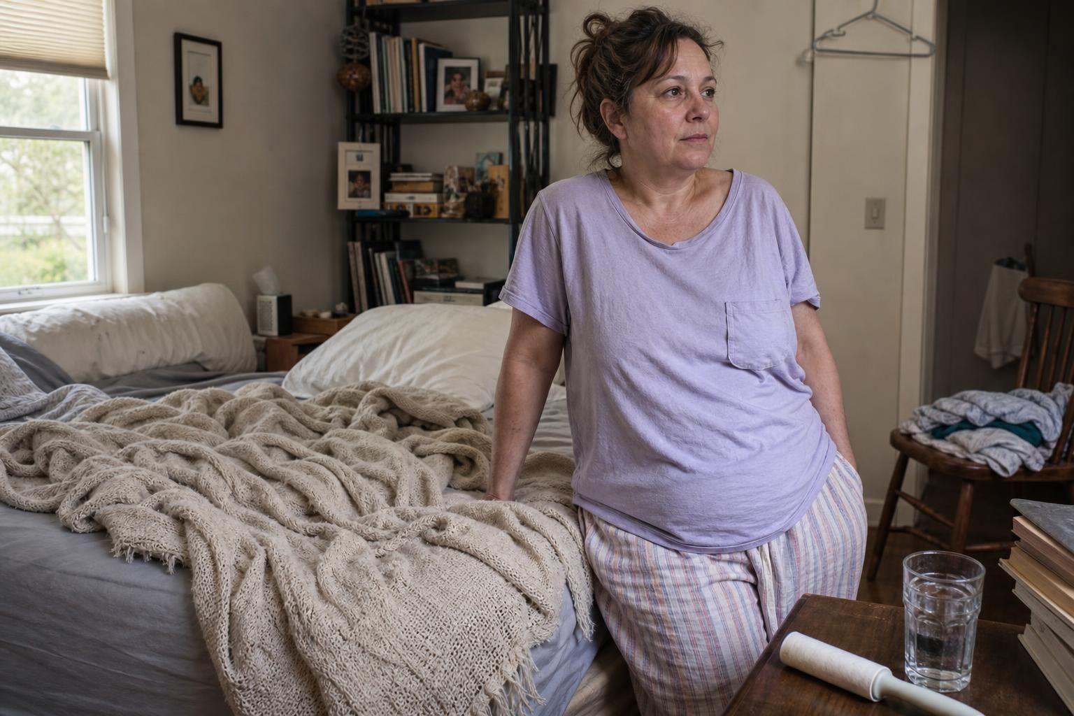 A middle-aged woman stands beside an unmade bed in a cluttered bedroom.