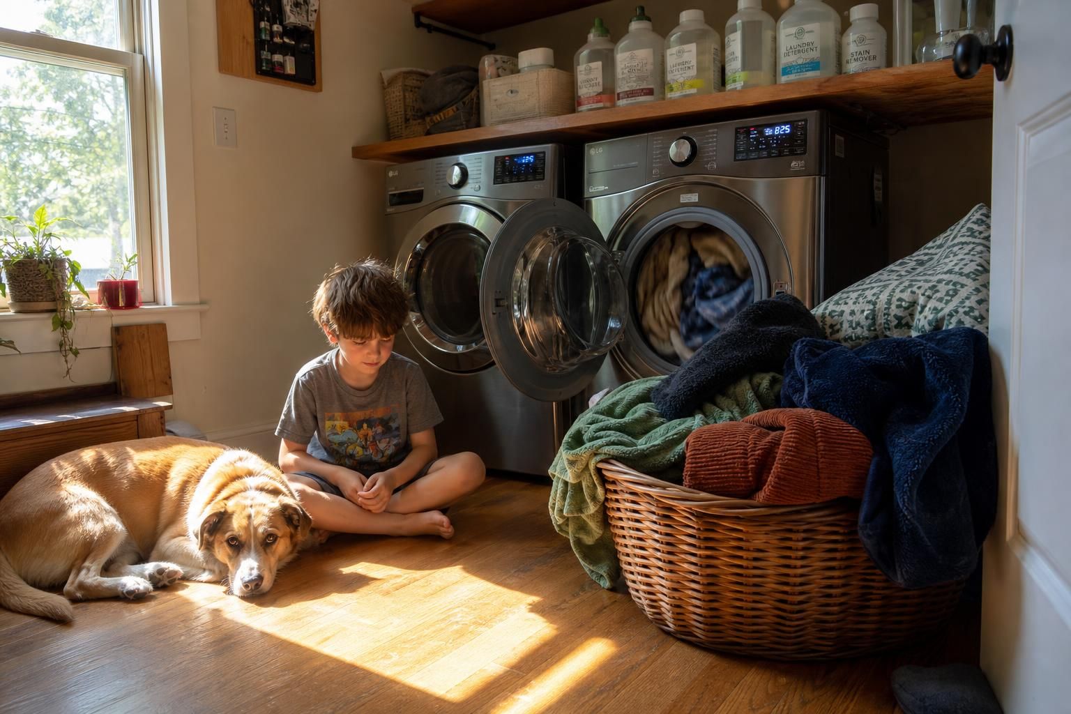 A child and dog relax in a lived-in laundry room.