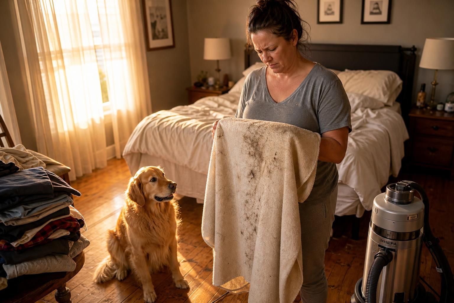 A frustrated woman inspects a stained blanket in a cluttered bedroom.