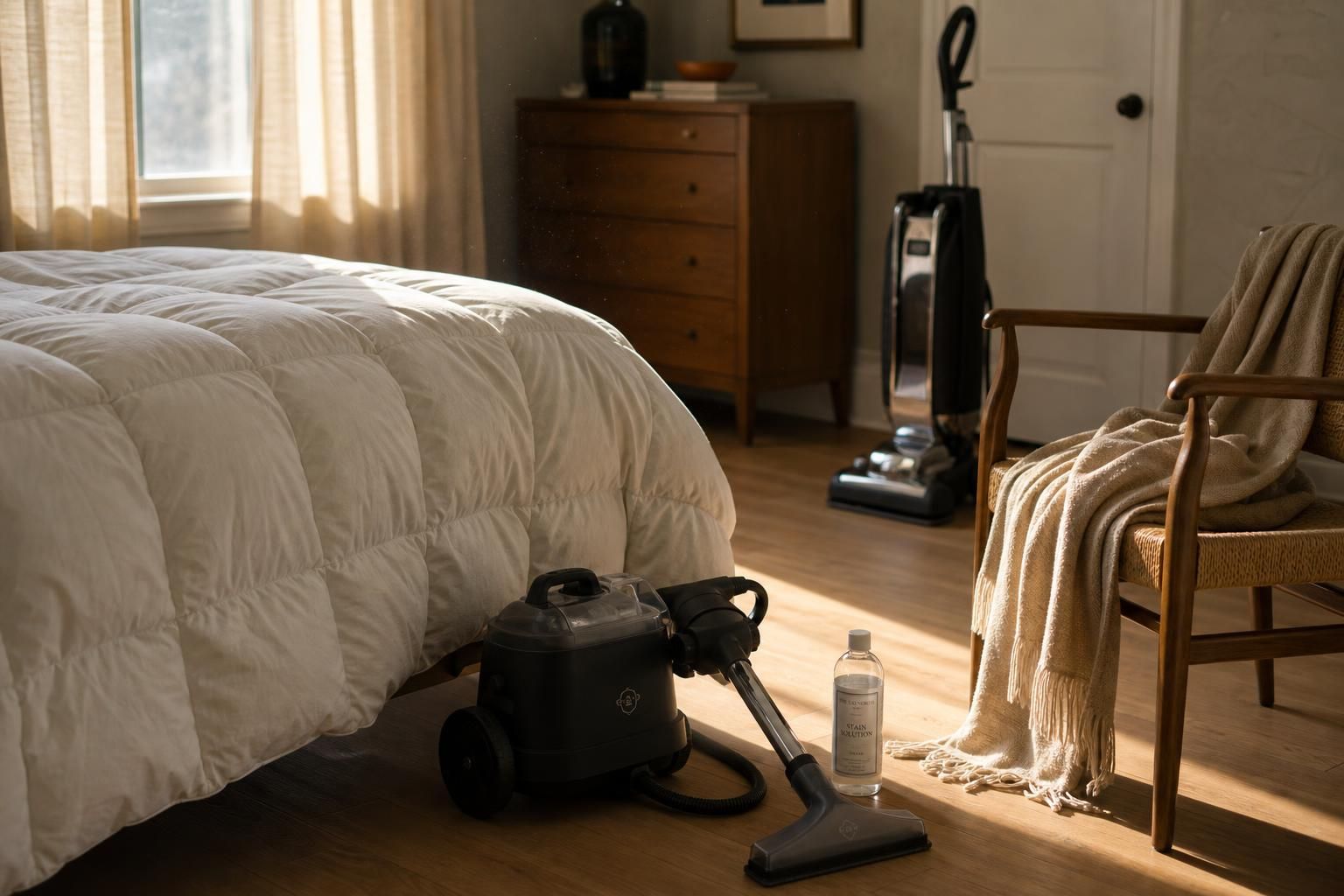 Luxurious bedroom prepared for deep cleaning with upscale bedding.