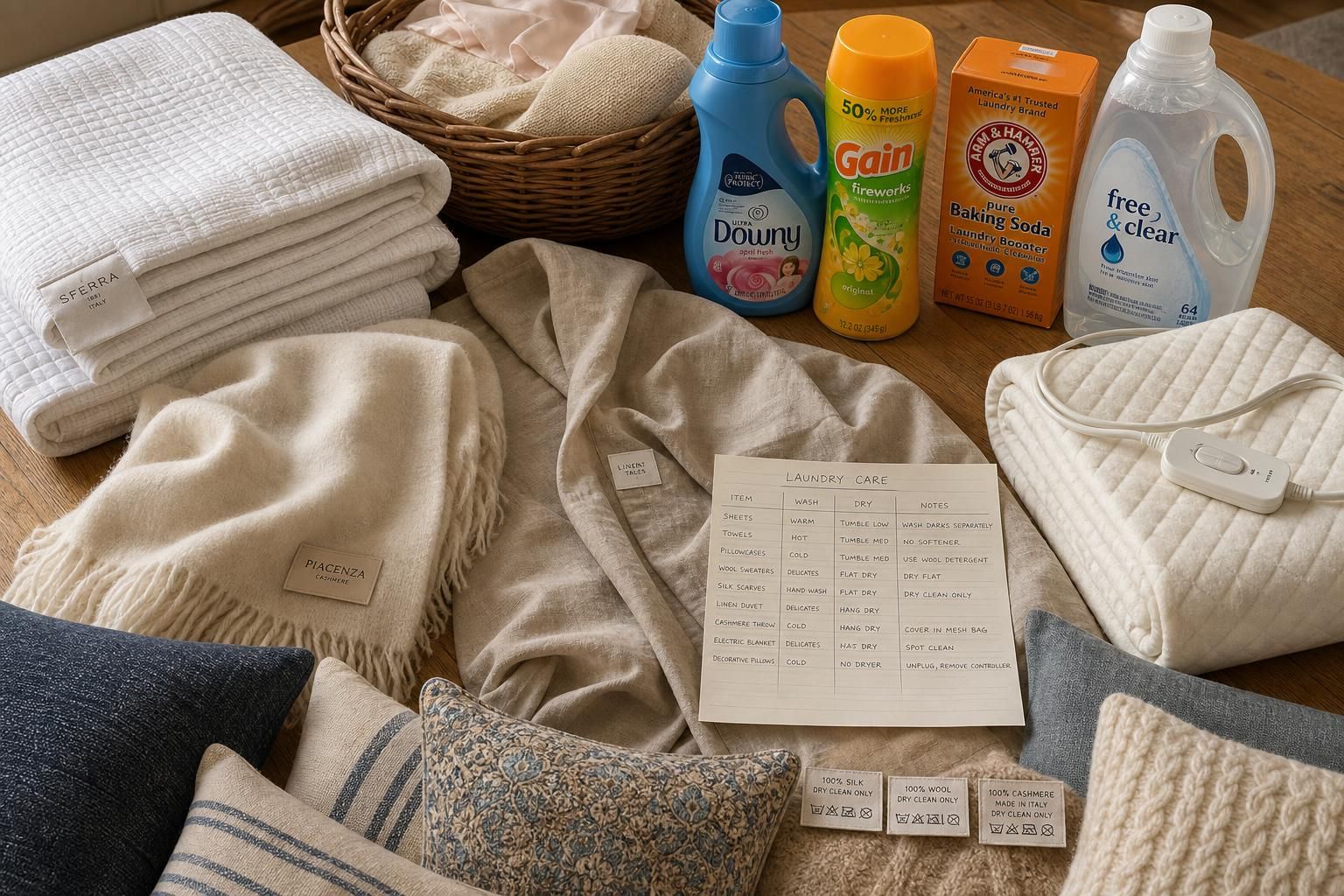 An organized display of textiles and laundry products on a wooden table.
