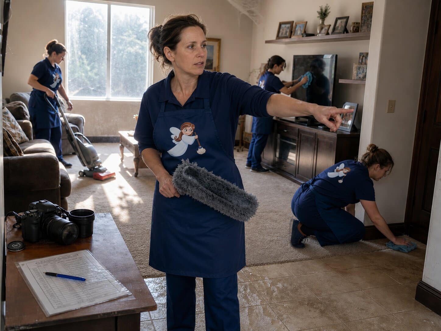 A cleaning crew diligently tackles a neglected residential living room