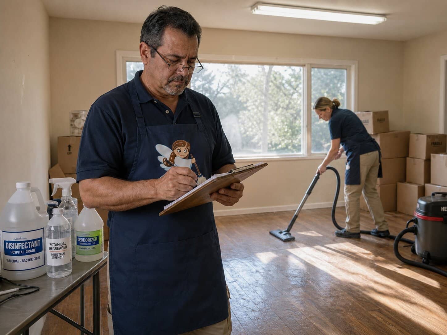 A focused man inspects an empty living room while a woman vacuums