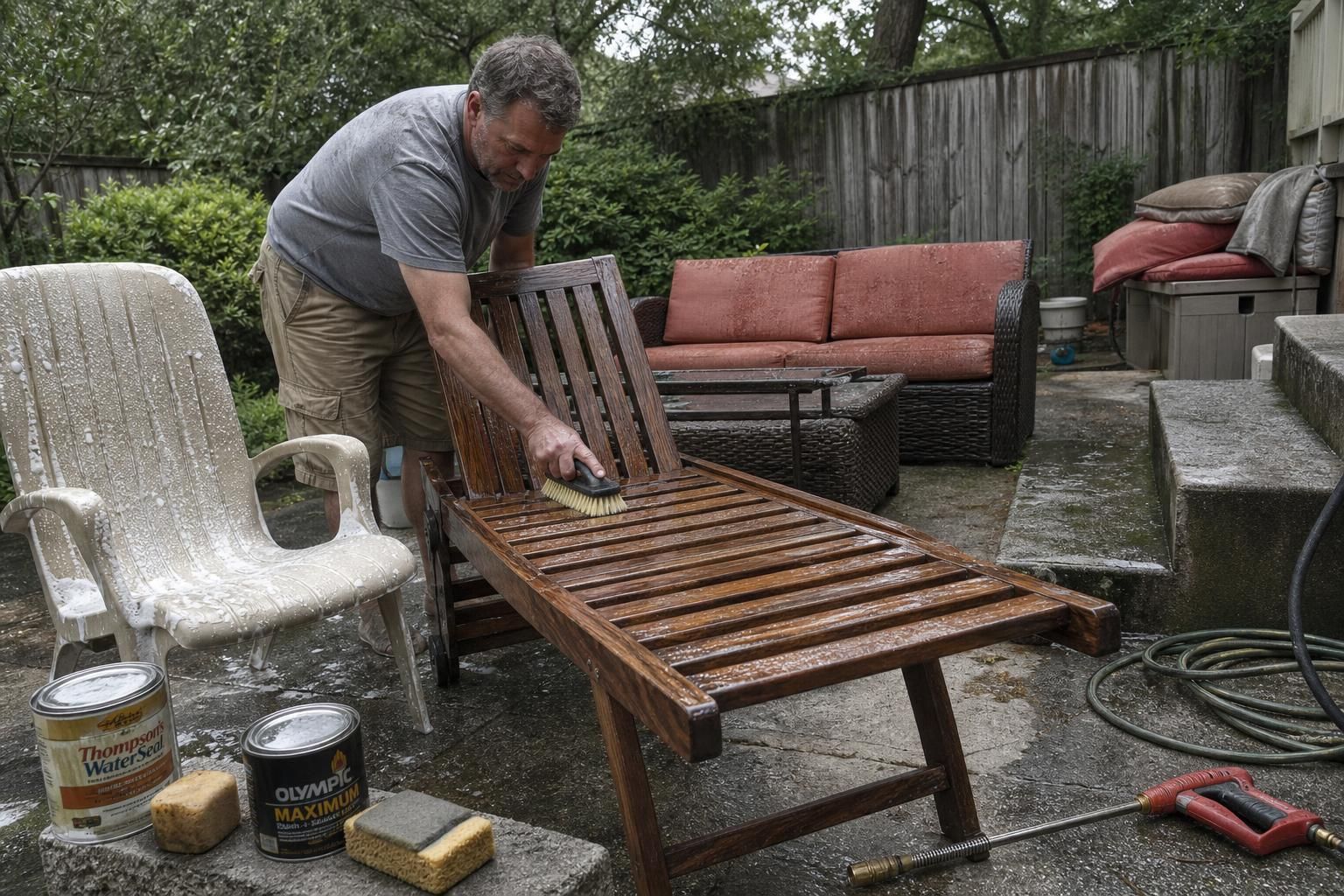 A man diligently cleans outdoor furniture on a concrete patio.