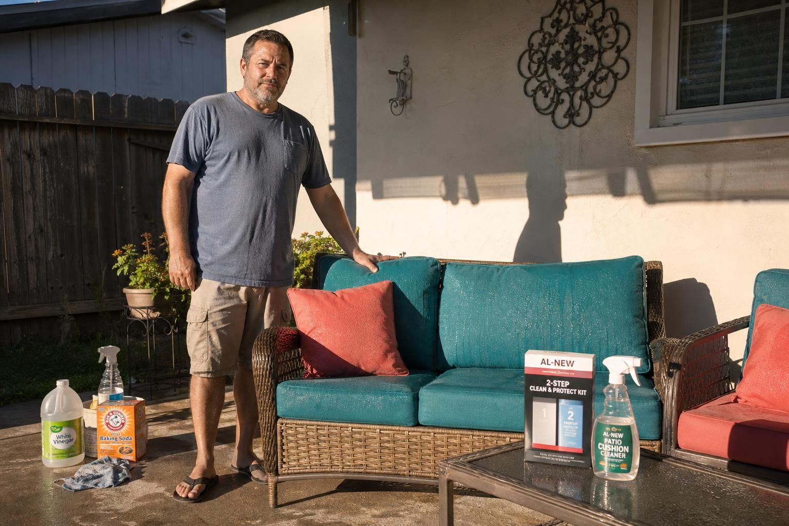 A middle-aged man relaxes next to freshly cleaned patio furniture.