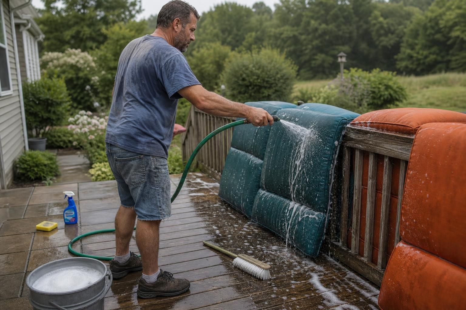A man washes outdoor cushions on a wooden deck.