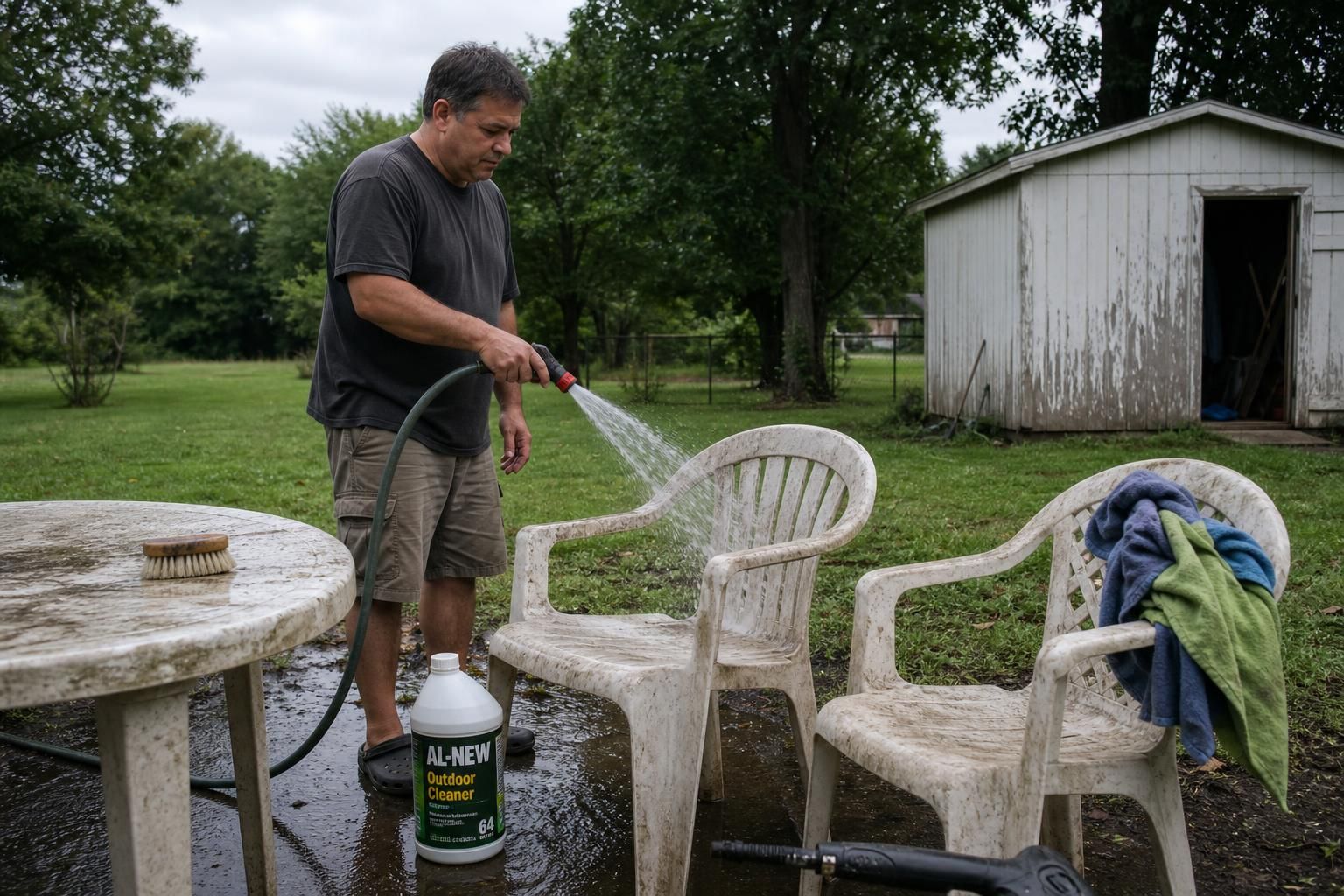 A man cleans weathered patio furniture in a residential backyard.