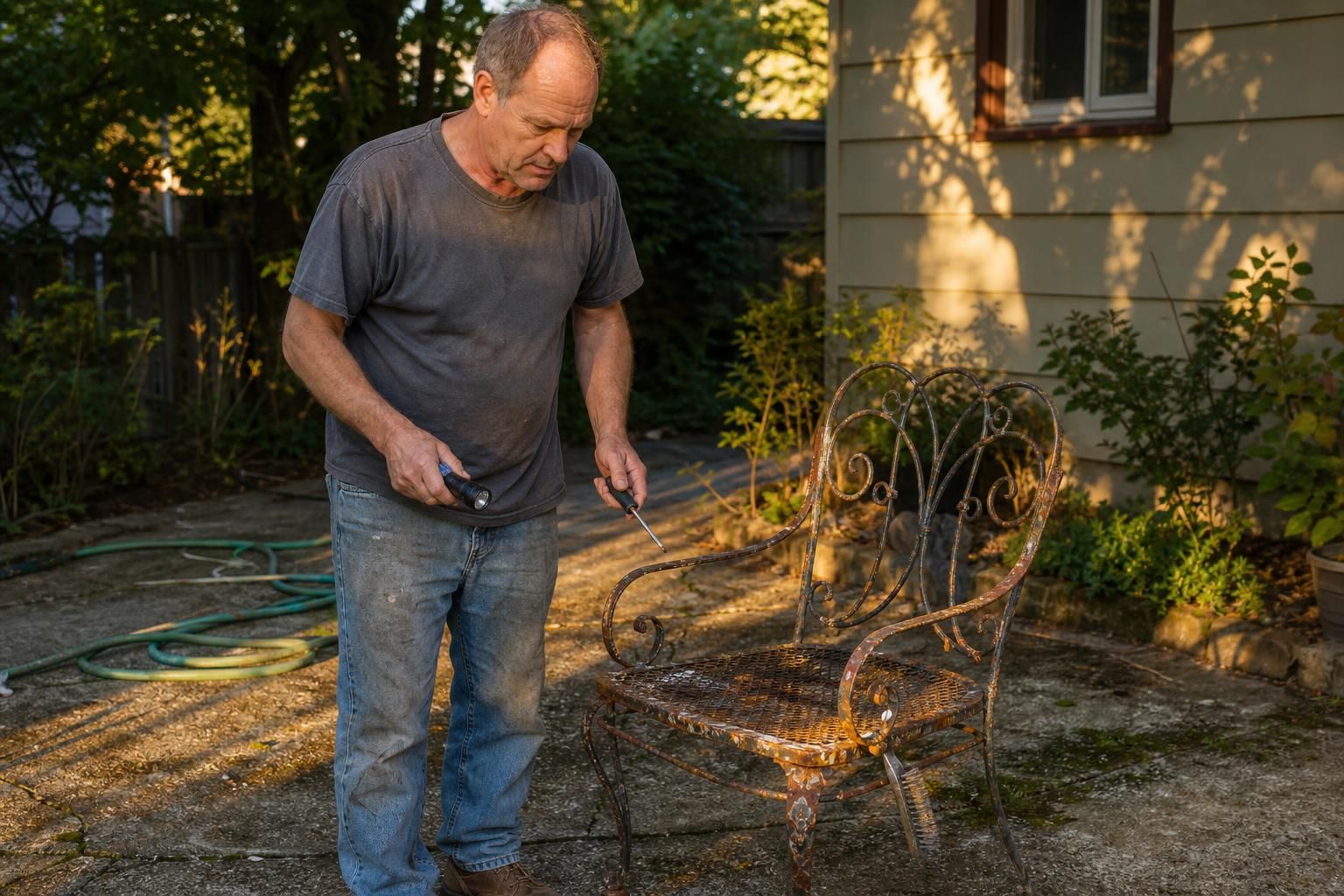 A middle-aged man repairs a rusted wrought iron patio chair.