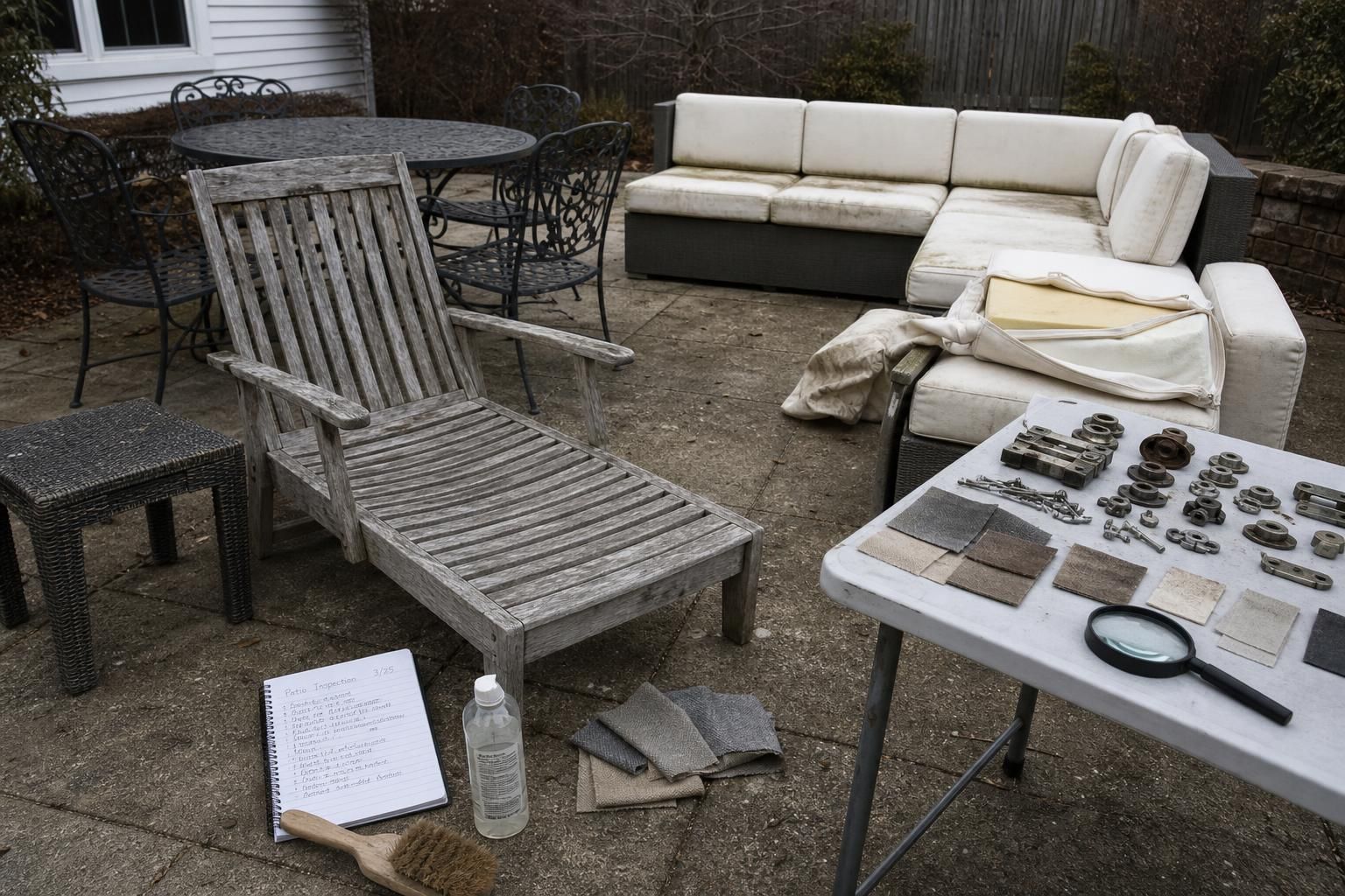 A deteriorating patio showcases weathered furniture and inspection materials.