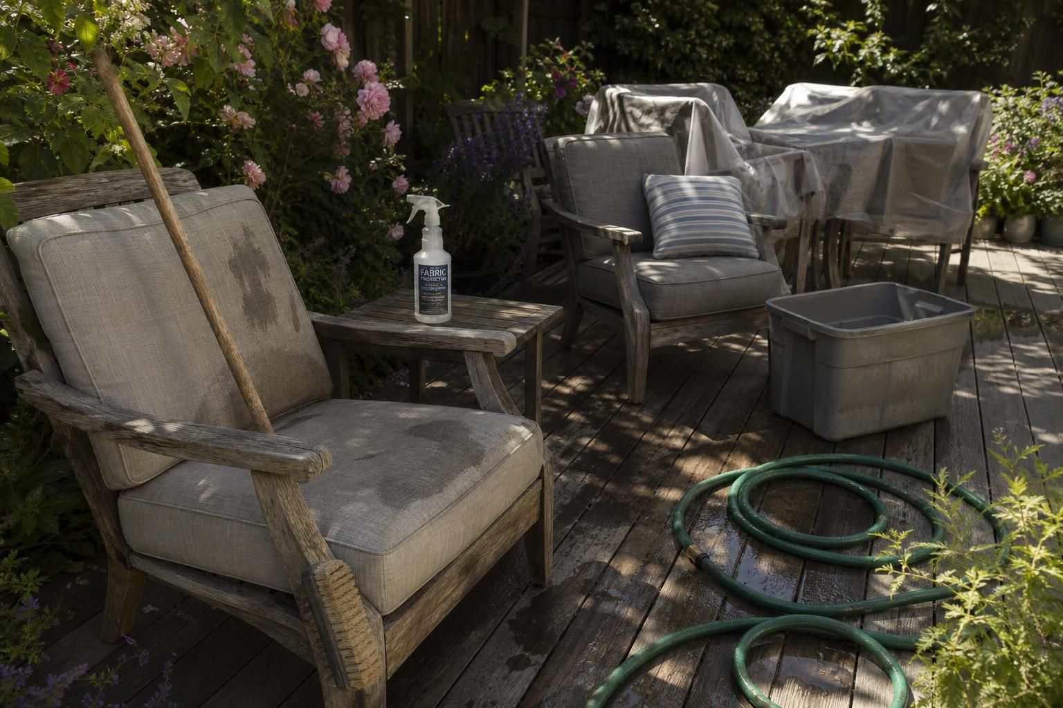 Weathered wooden deck patio with aged furniture and garden elements.