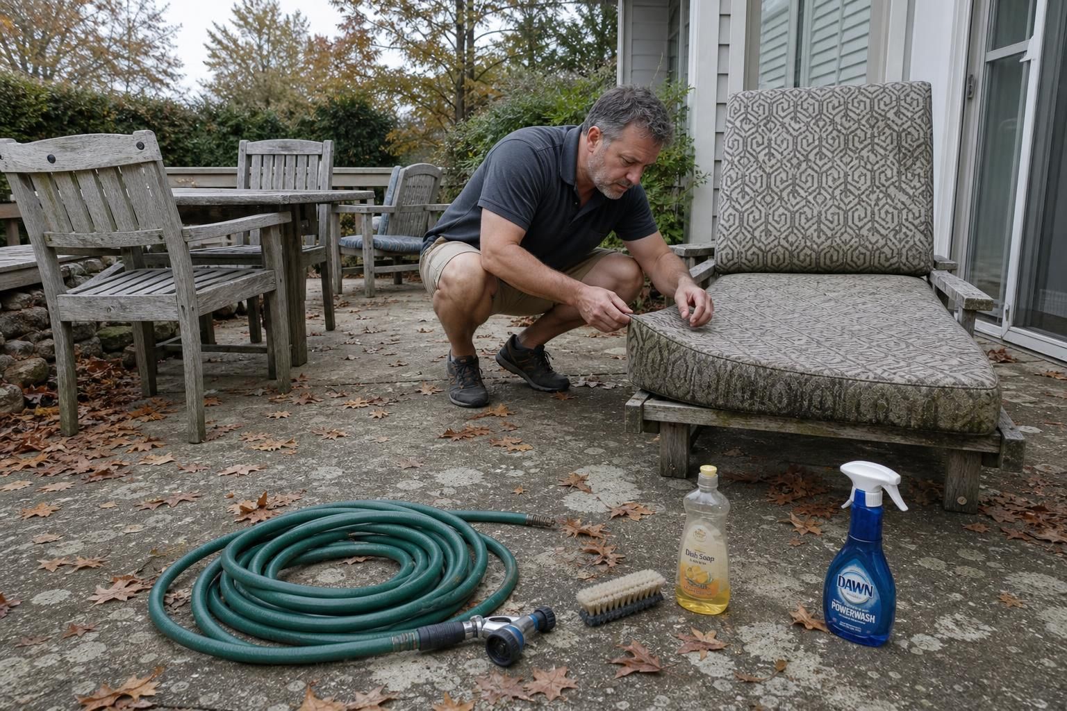 A man inspects a weathered lounge chair for damage outdoors.