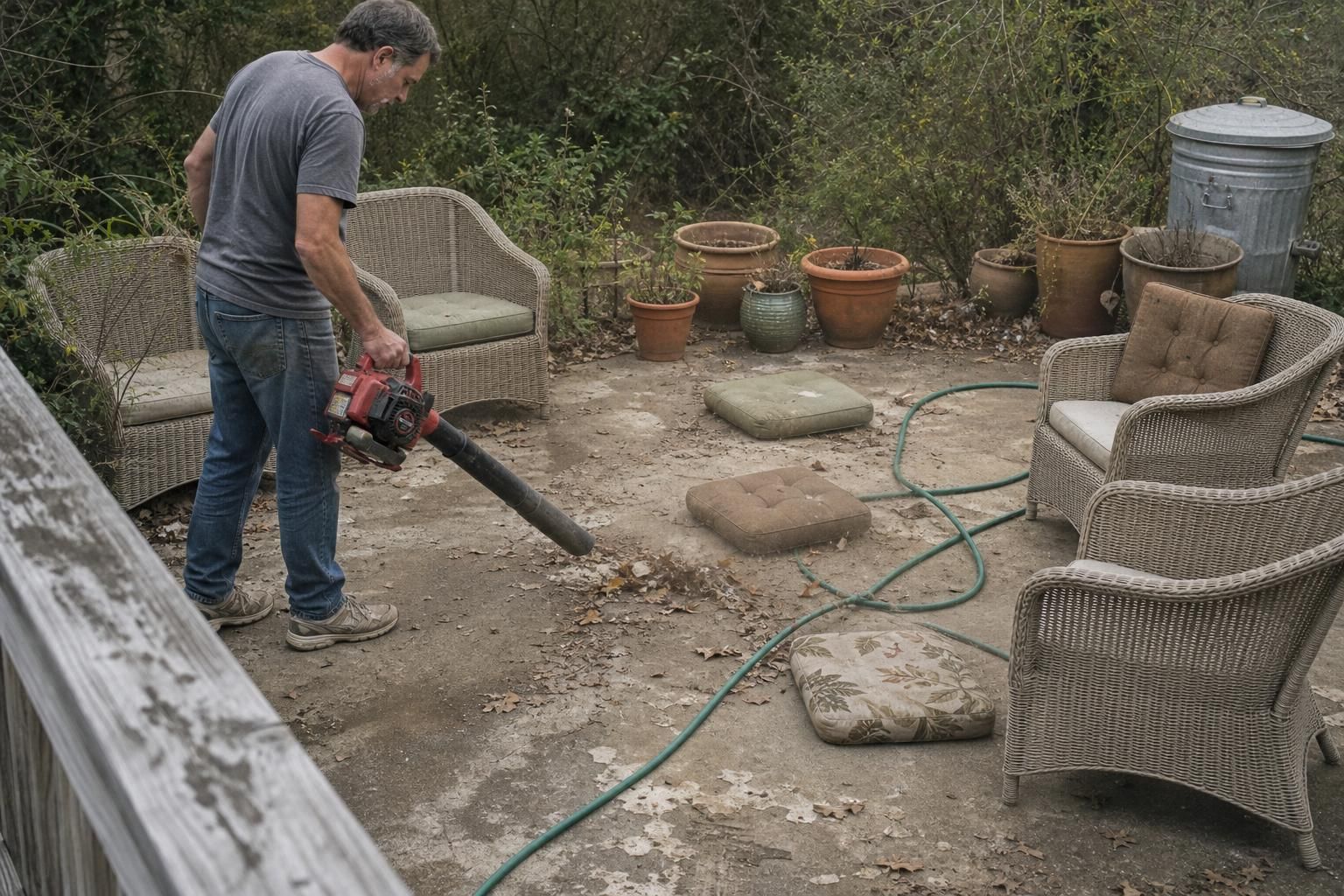 A man uses a leaf blower to clean a residential patio.
