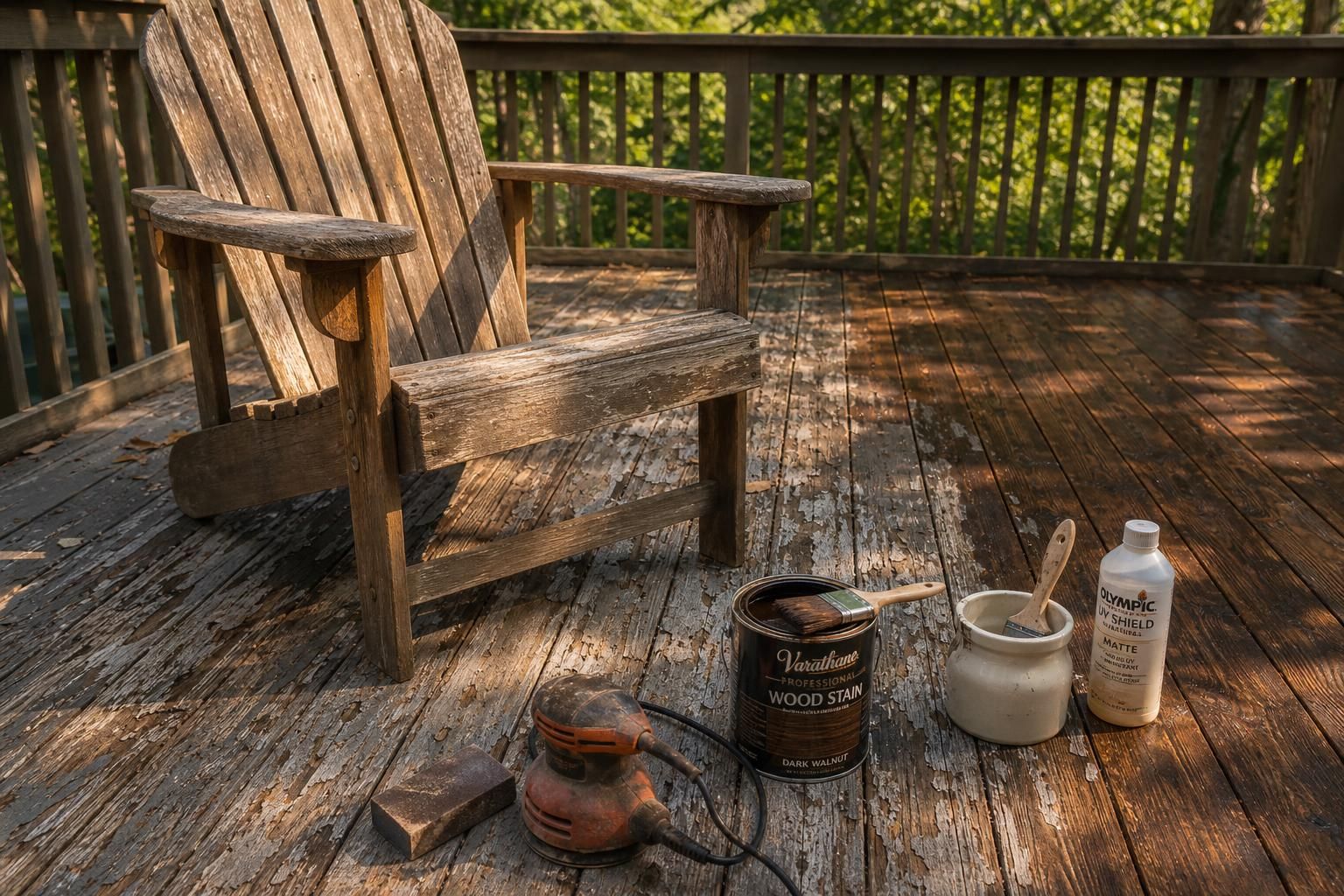 A weathered deck scene with restoration tools and a stained Adirondack chair.