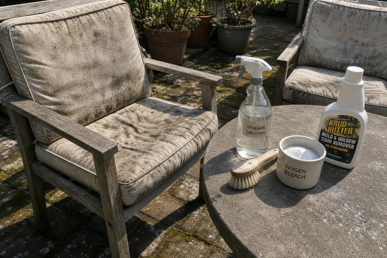 Weathered patio with deteriorating furniture and cleaning supplies visible.