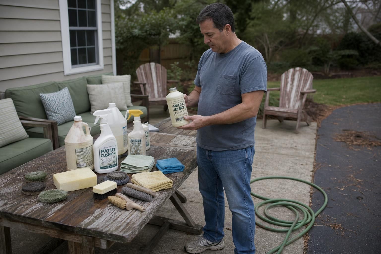 A man organizes cleaning supplies on a weathered patio table.