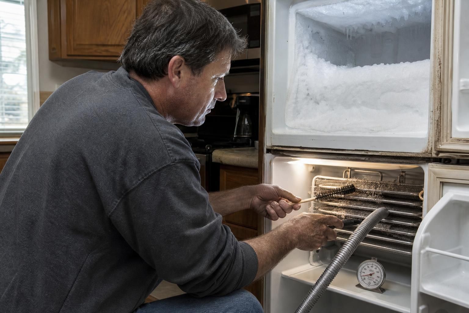 A man performs maintenance on an old refrigerator in his kitchen.