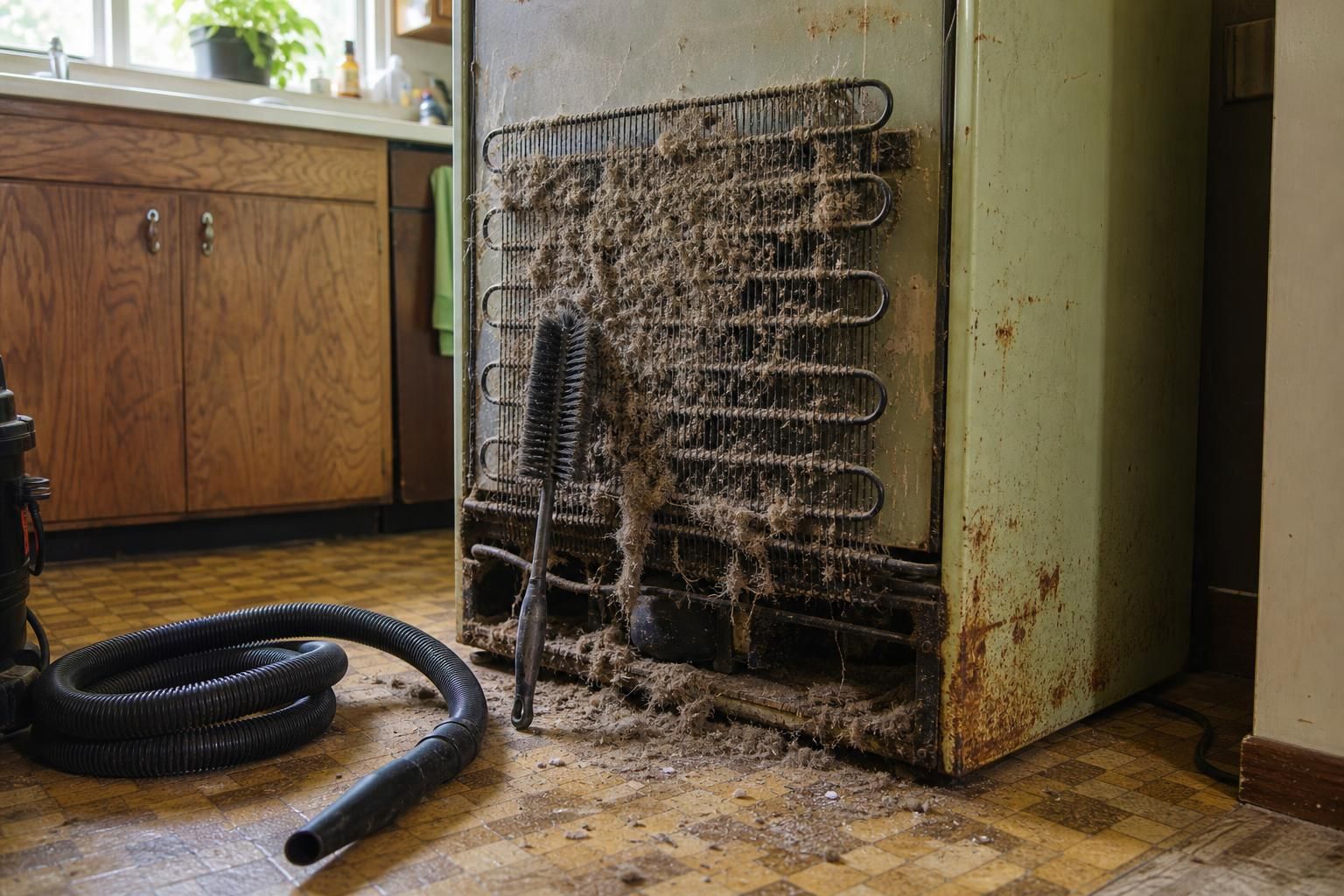 A vintage refrigerator reveals years of neglect and accumulated grime.