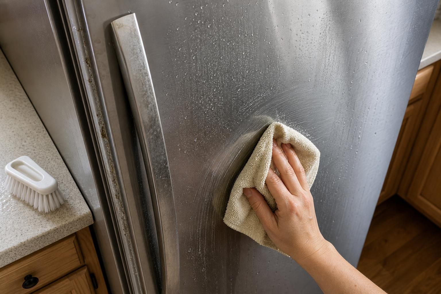 A stainless steel refrigerator is being cleaned with a microfiber cloth.