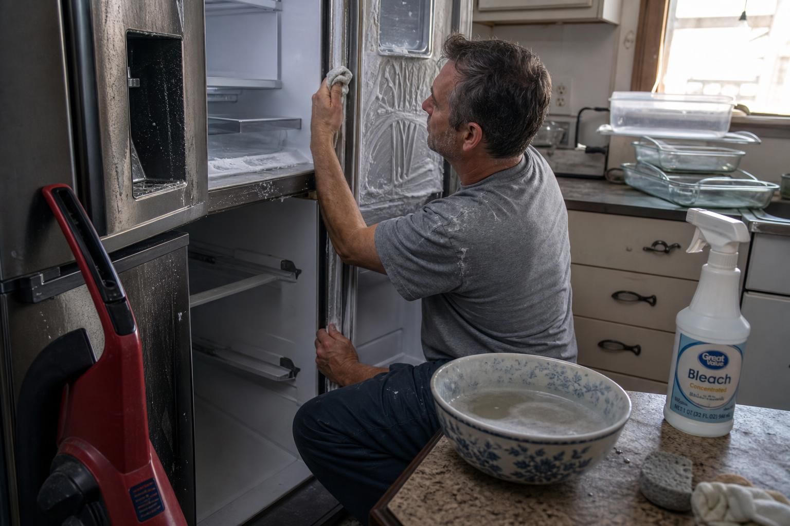 A man cleans his refrigerator, showing focus and diligence in routine tasks.